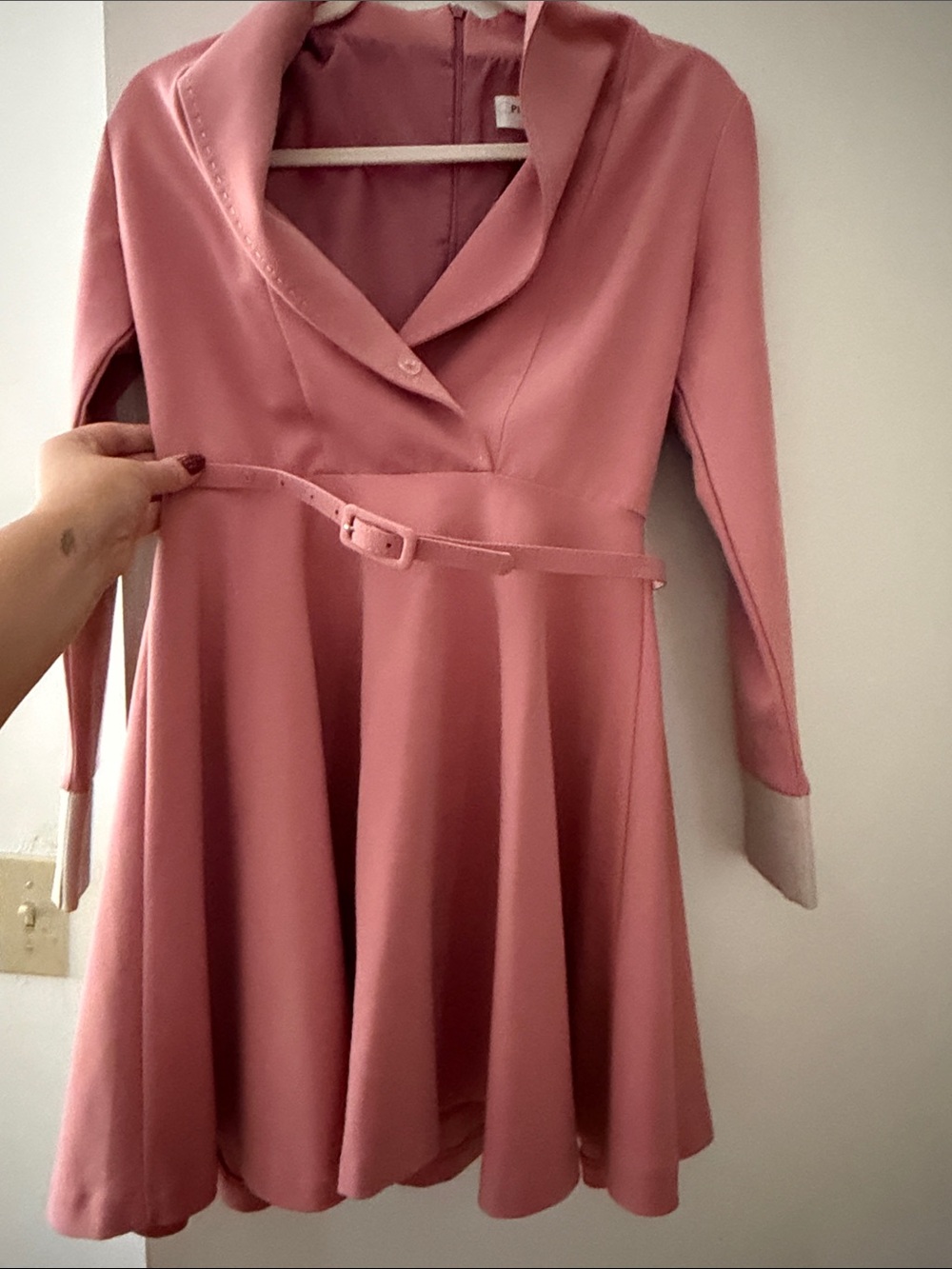 Women’s Long-Sleeve Pink Belted Fit & Flare Dress